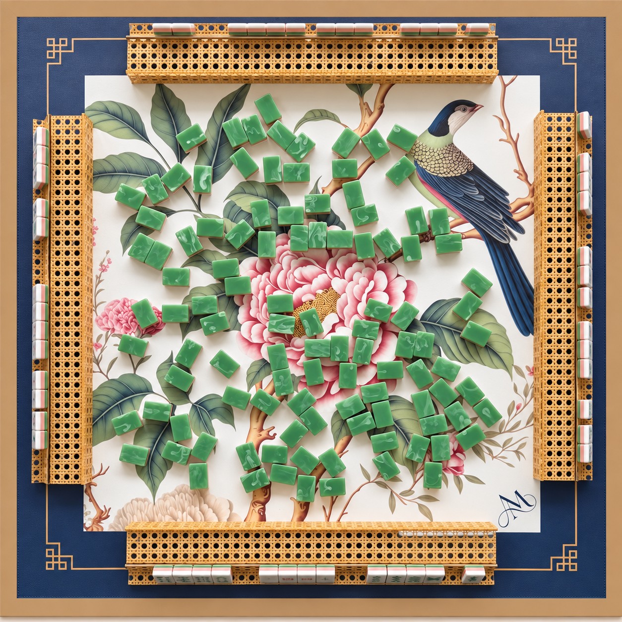 Jade Mahjong tiles and woven cane racks on a navy-bordered botanical mat